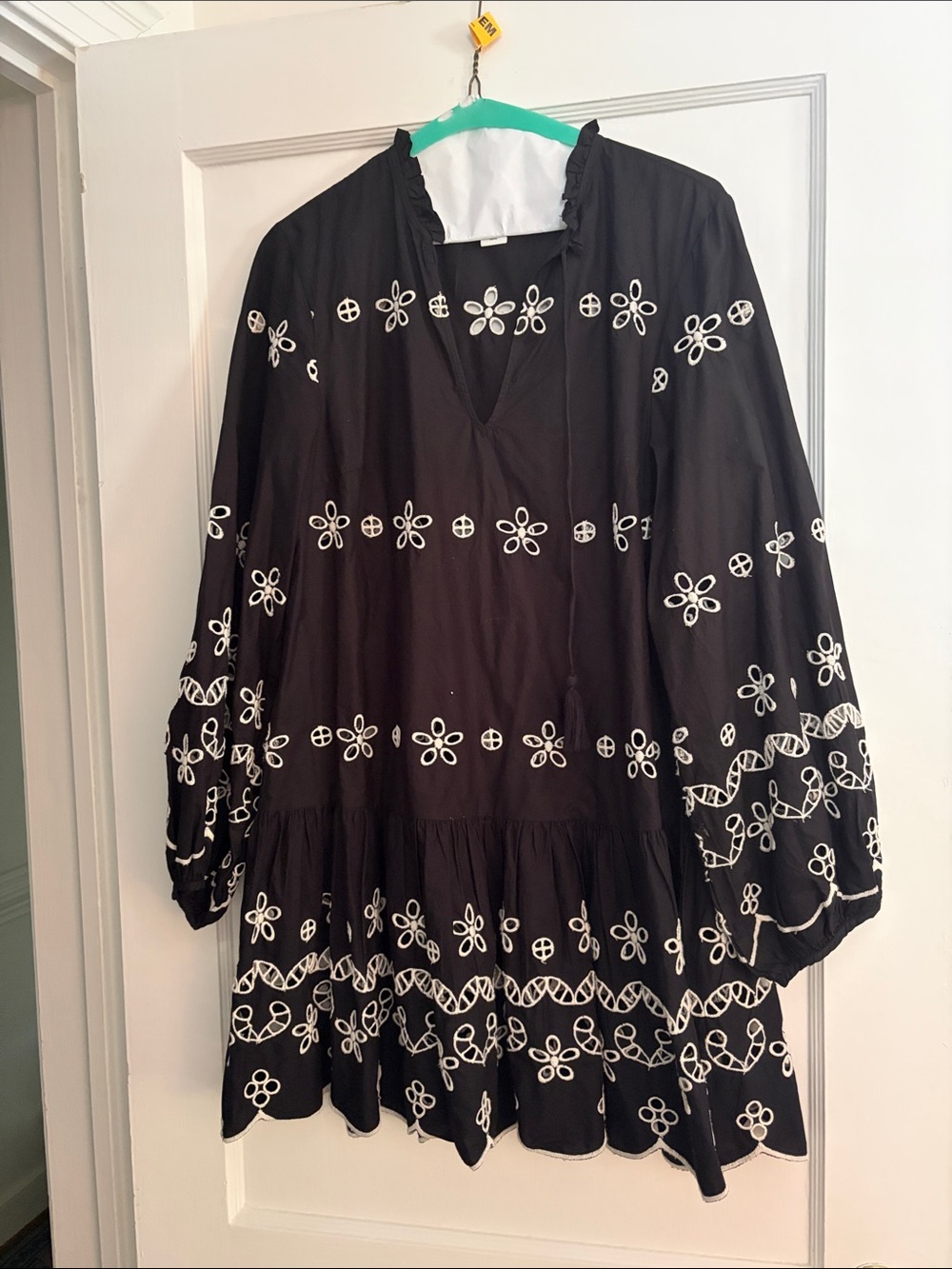 NWOT H&M Black Embroidered Tunic Dress with White Floral Detailing